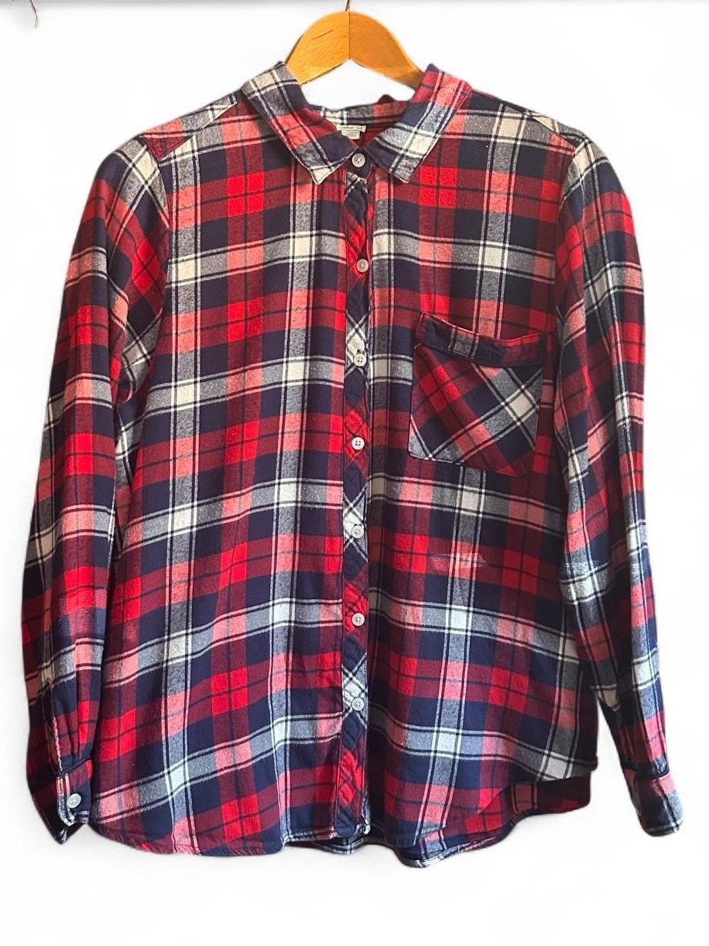 Aerie Plaid Flannel Shirt Navy Blue Red White Button Up Grunge Indie Folk Large